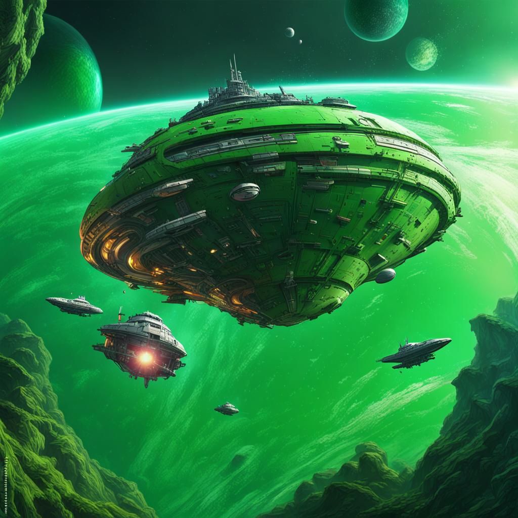 Green Planet with Sci-Fi Ships: Hyperrealistic Concept Art