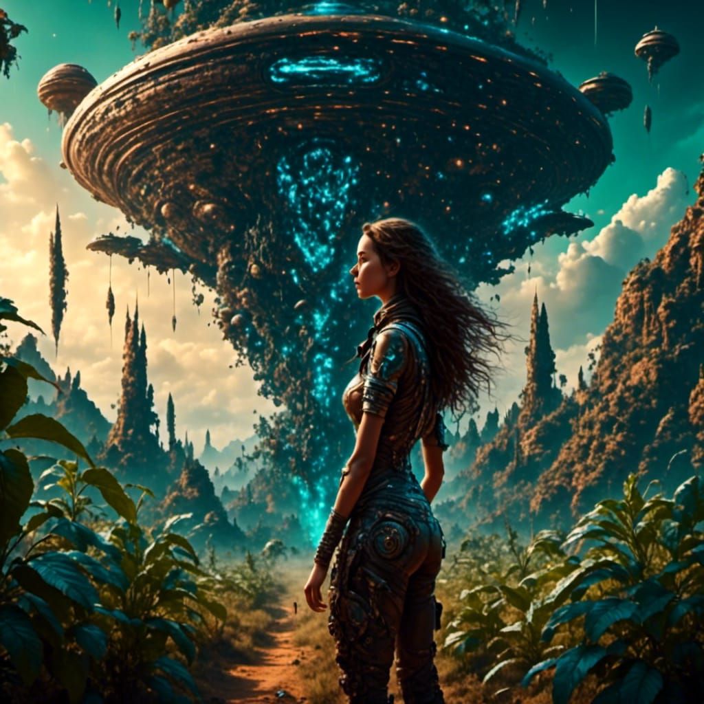 Girl Driving Spaceship with Alien Plants