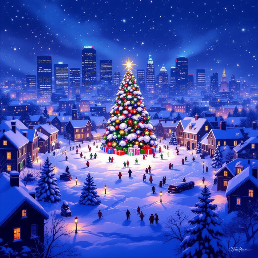 Magical Snowy Cityscape with Christmas Tree and Lights