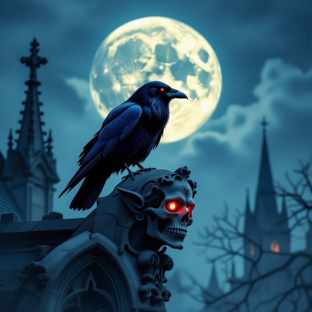 Raven on Gothic Gargoyle in Tim Burton Style