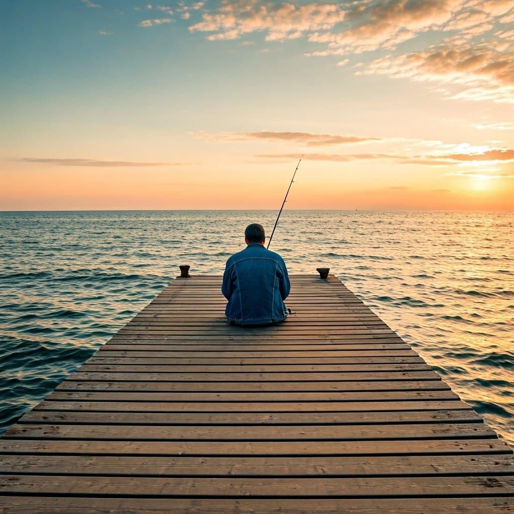 Serene Fisherman at Sunset on Weathered Pier