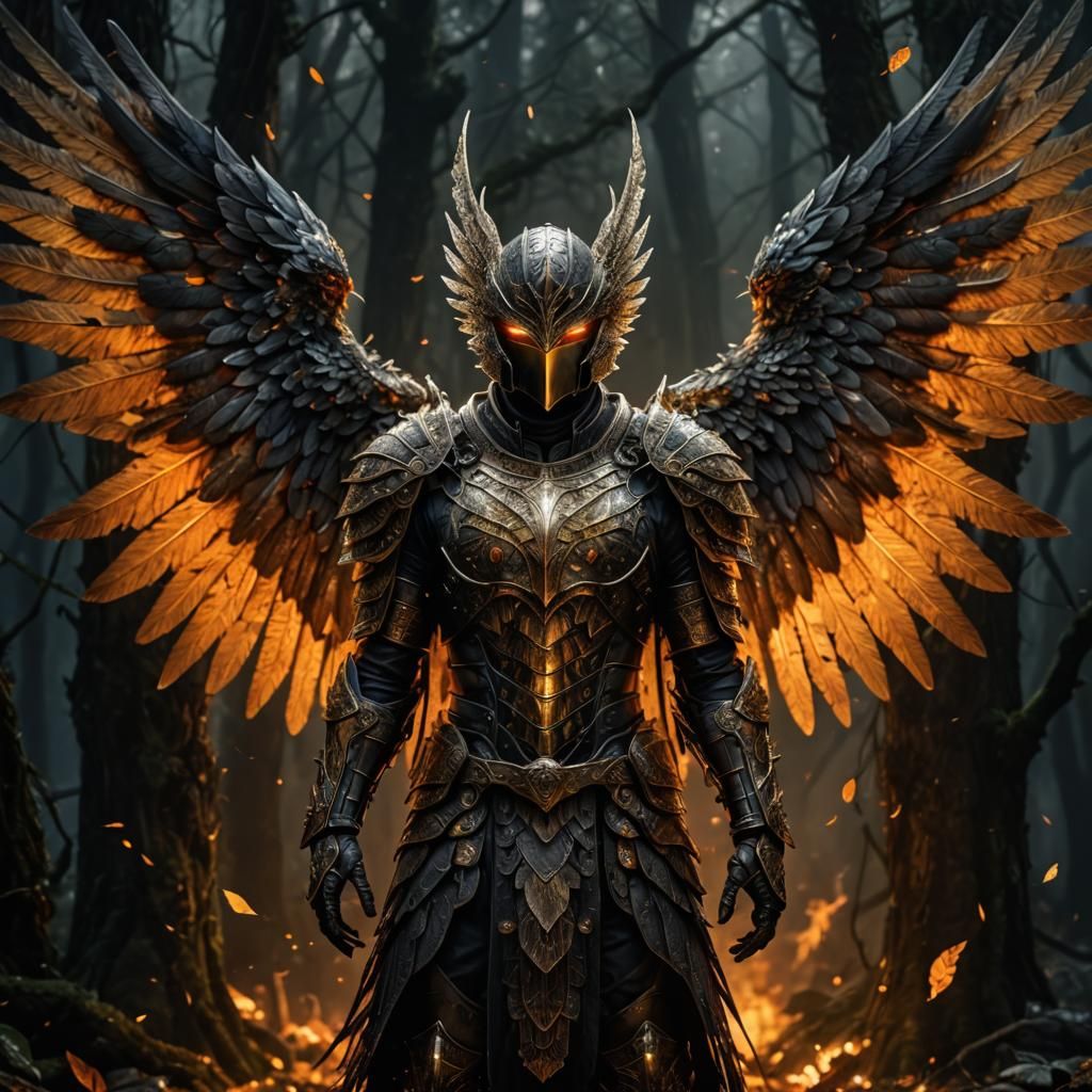 Armored Bird-Man with Gleaming Wings, Digital Art