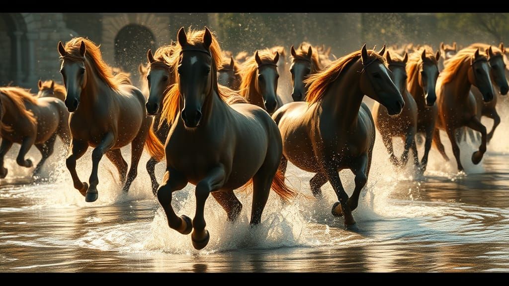 Majestic Centaurs Galloping Through Sun-Dappled Stream