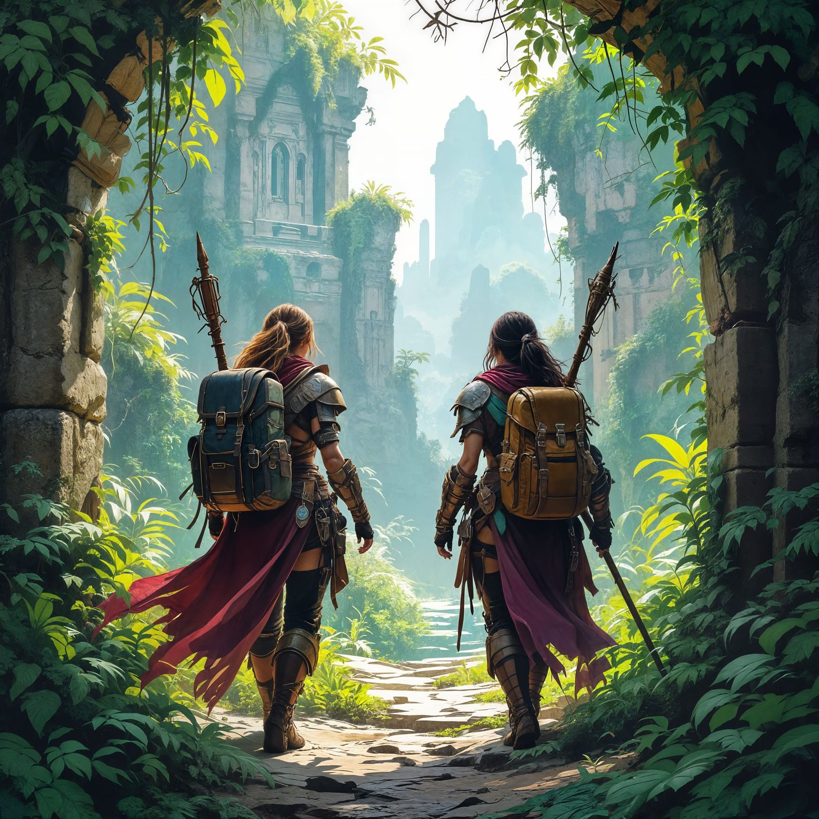 Female Fantasy Adventurers in Overgrown Jungle Ruins
