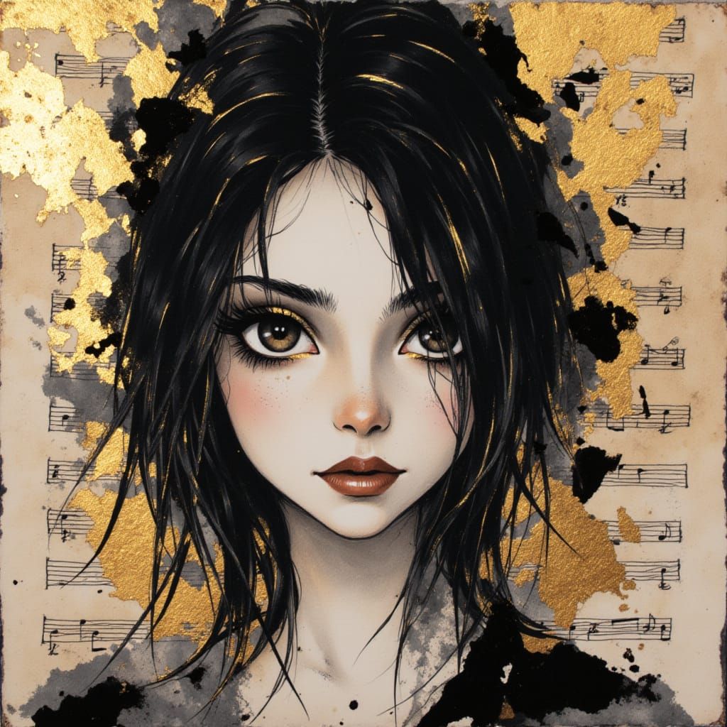 Poetic Portrait of a Dark-Haired Woman in Gold and Silver