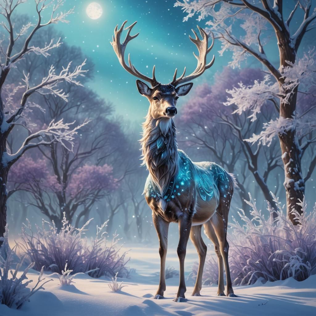 Majestic Ice Deer in Winter Fantasy Landscape