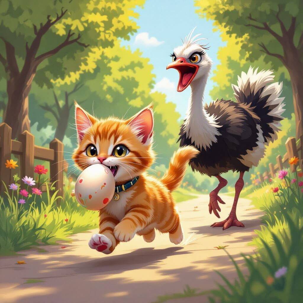 Kitten Steals Egg, Ostrich Chases: Cartoon Style