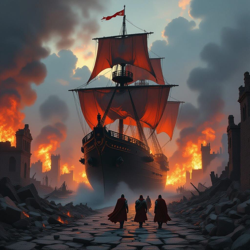 Fiery Warship Sails Through Burning City Ruins