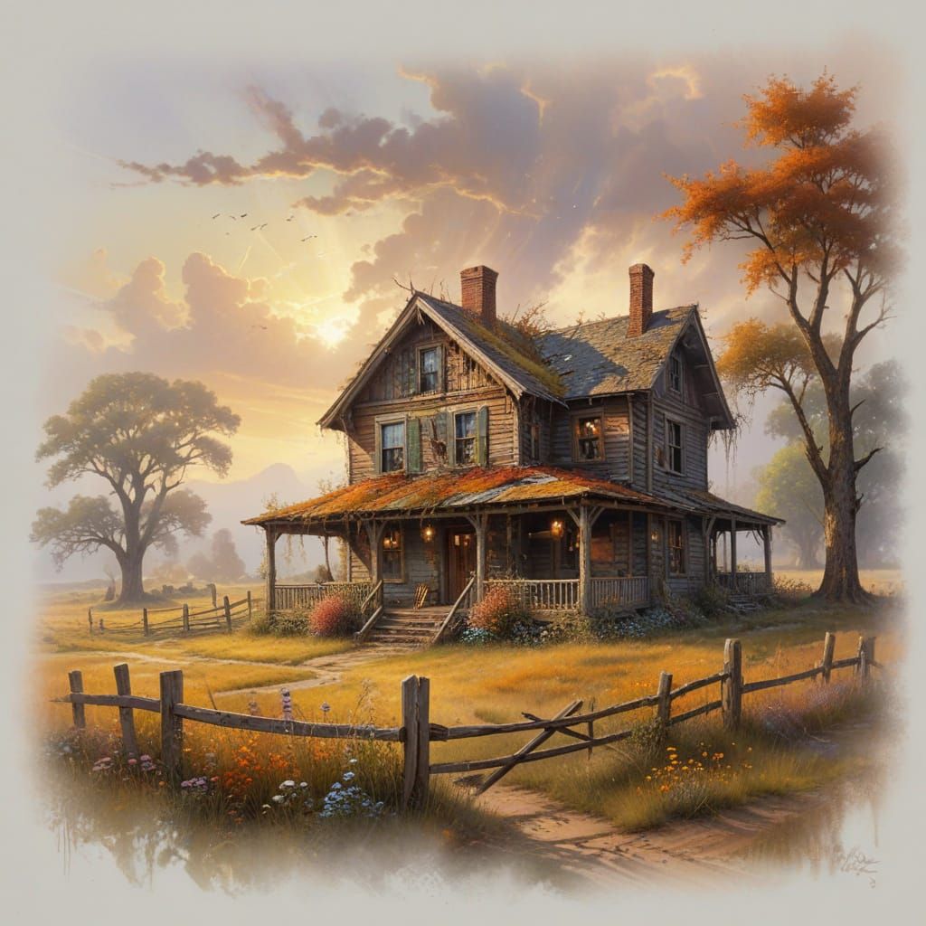 Fantasy Landscape: Run-Down Farmhouse in Watercolor Style