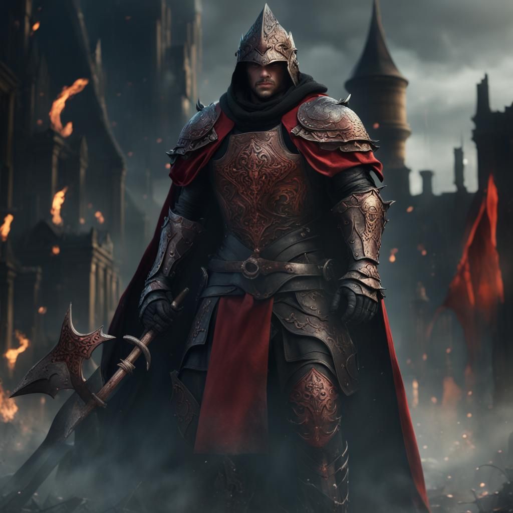 Medieval Evil Warrior in Burning City, Detailed Matte Painti...