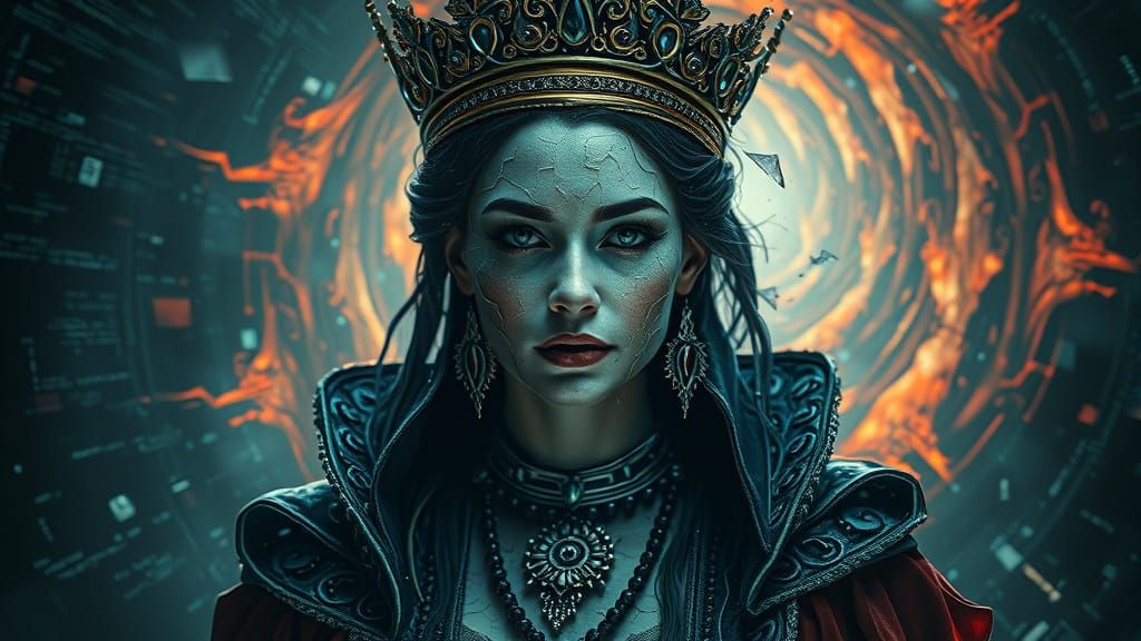 Queen Dissolving into Digital Static: A Dark Fantasy Portrai...
