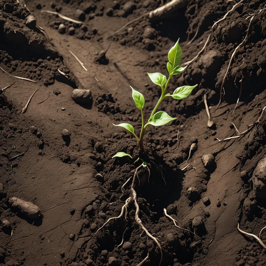 Seed Sprouting in Dark Soil: Dark Fantasy Concept Art