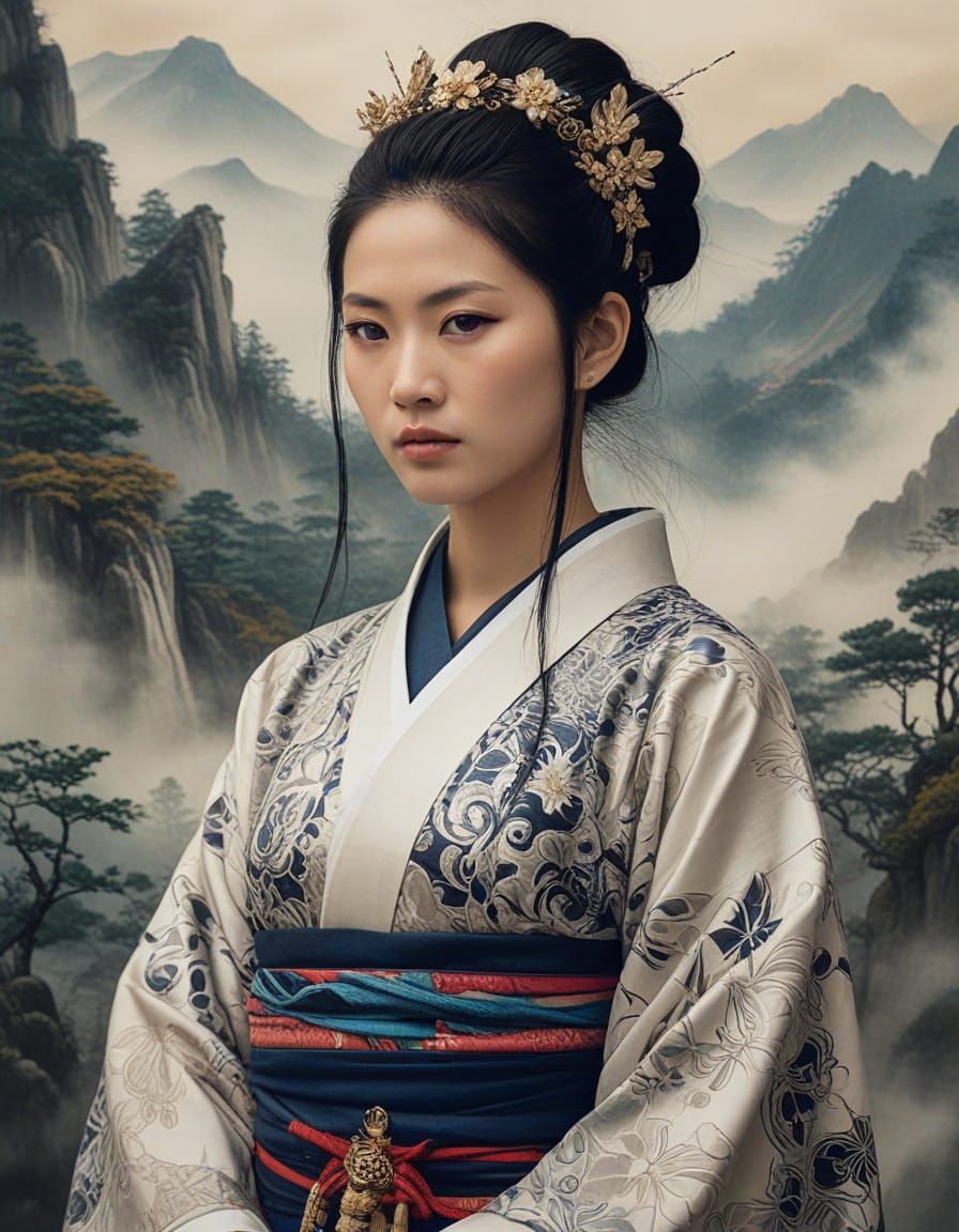 Shaman Queen Himiko in Yamatai Kingdom, Japanese Ink Paintin...