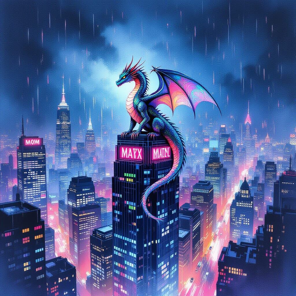 Dragon on Skyscraper Over Cityscape in Watercolor Style