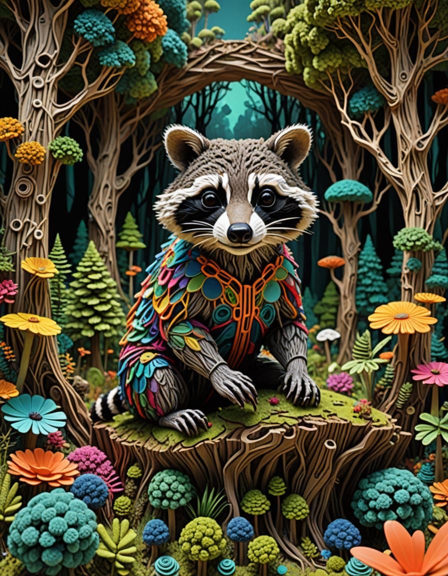 Whimsical Raccoon in Surreal Collage Wonderland