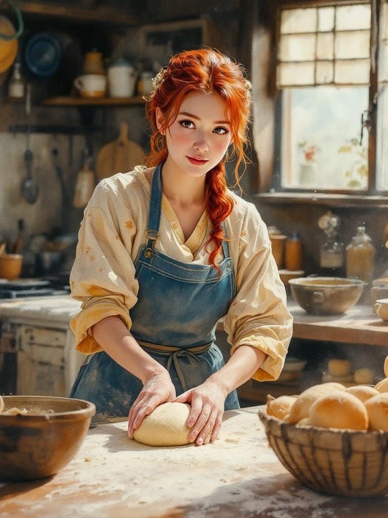 Baker Kneading Dough in Warm Kitchen Light