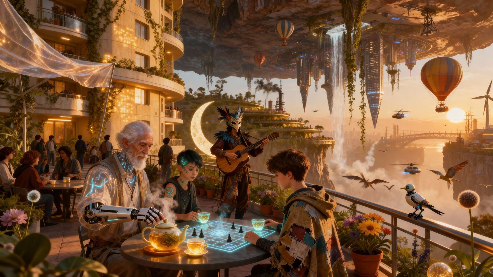 Floating City Rooftop Tea Garden Amidst Upside-Down Metropol...