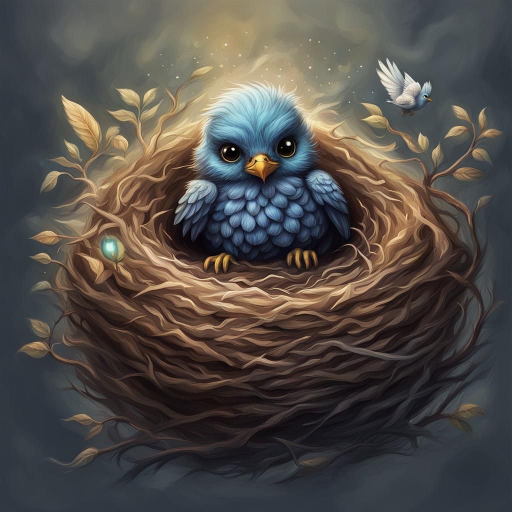 Chibi Bird in Nest: Chalk Art Style