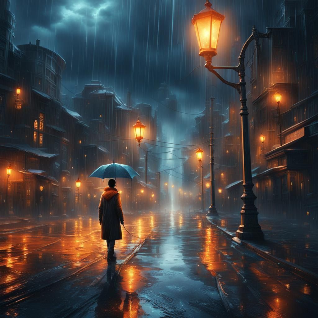 Futuristic Cityscape: Lantern Light in the Rain