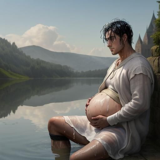 Pregnant Medieval Man in Serene Lake