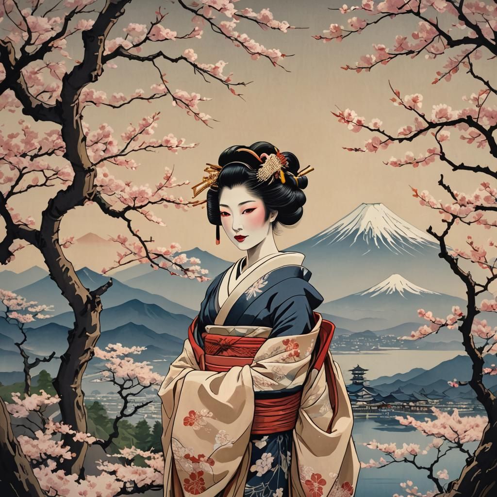 Geisha, Cherry Blossoms, and Mount Fuji in Ukiyo-e Style