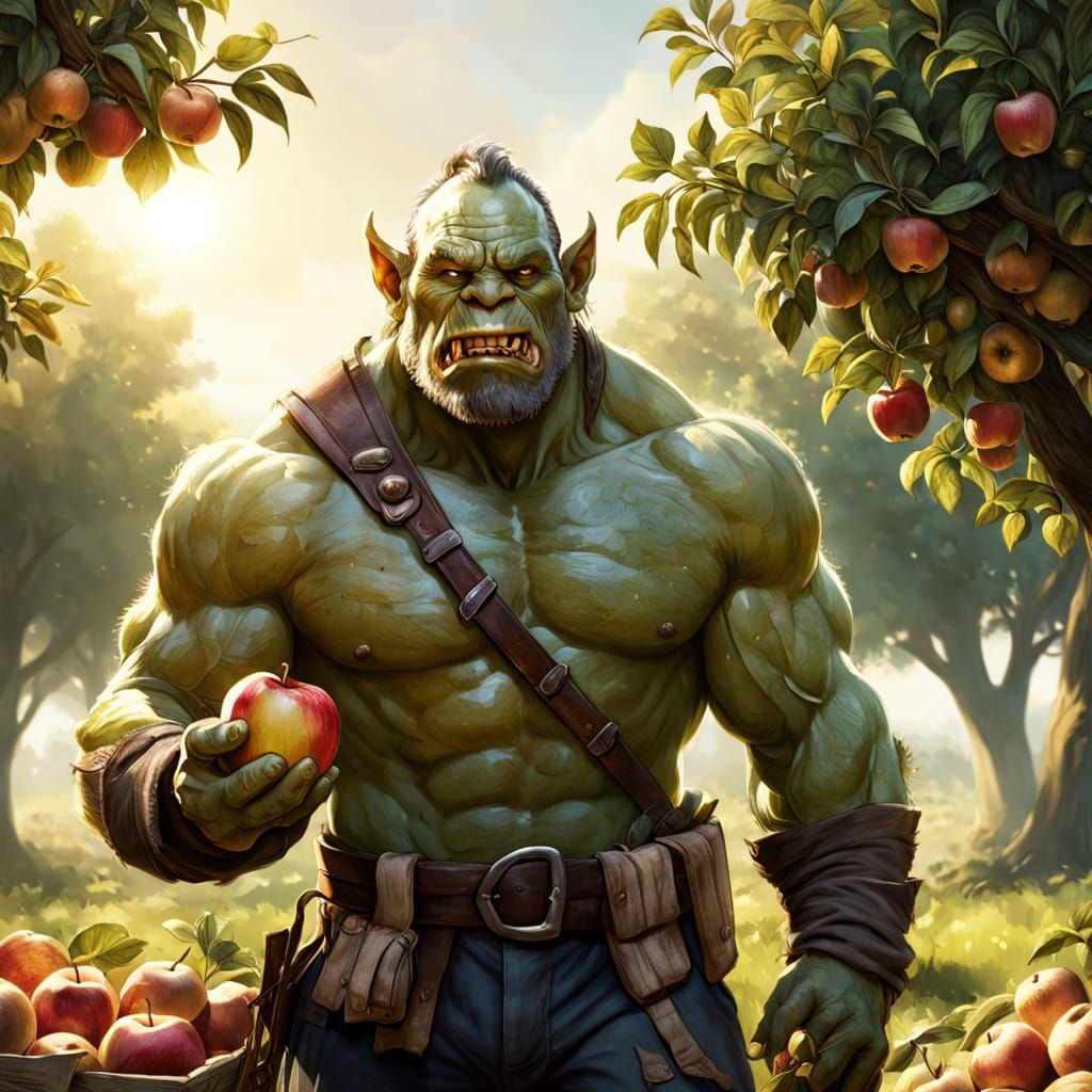 Mighty Orc Harvests Apples in Sunny Orchard