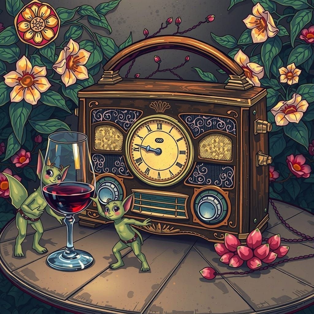 Vintage Radio Serenaded by Steampunk Fairies in Art Nouveau