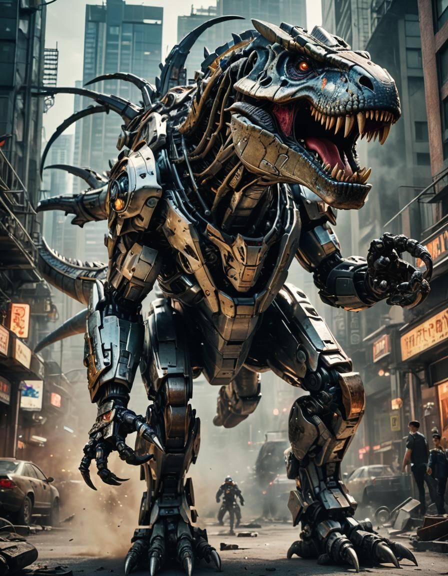 Cybertronic Mecha T-Rex Roaring in Cybercity