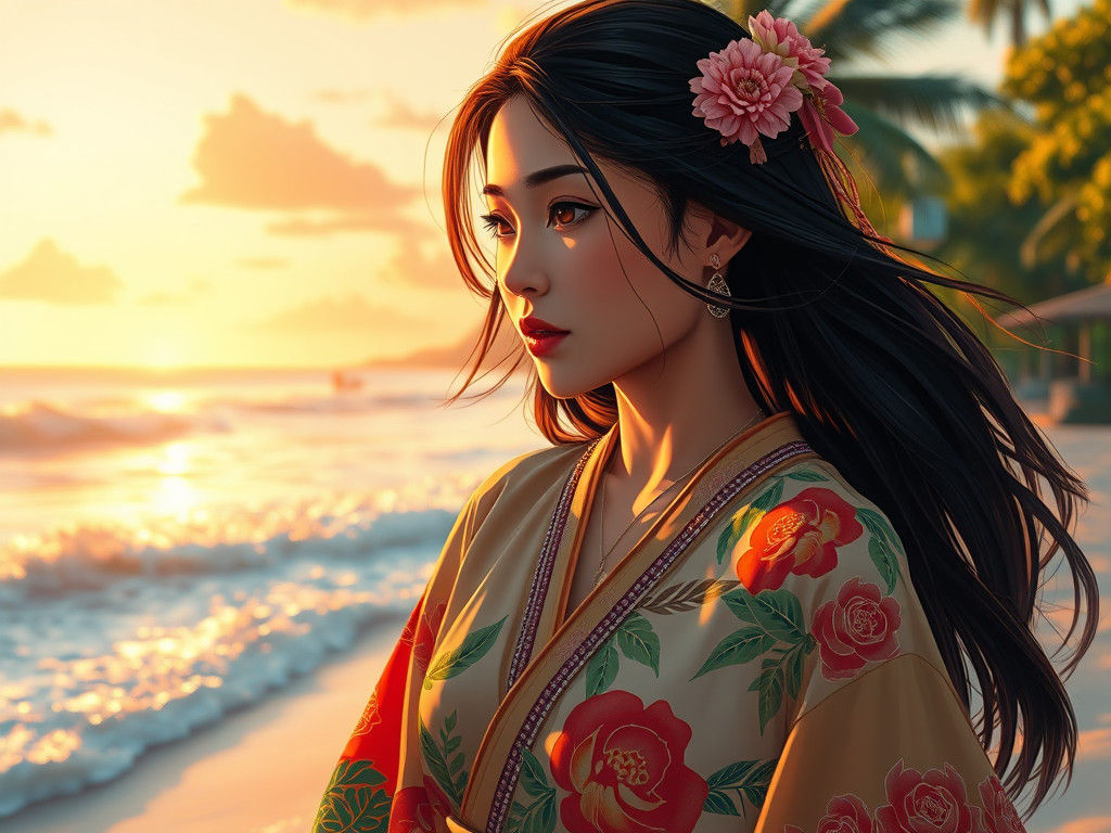 Okinawan Woman on Tropical Beach in Anime Style