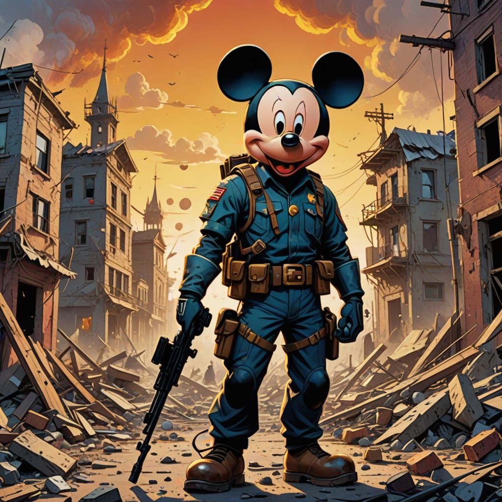 A cartoonish Mickey Mouse wearing a soldier’s helmet and holding a toy rifle, standing confidently in a battlefield-them...