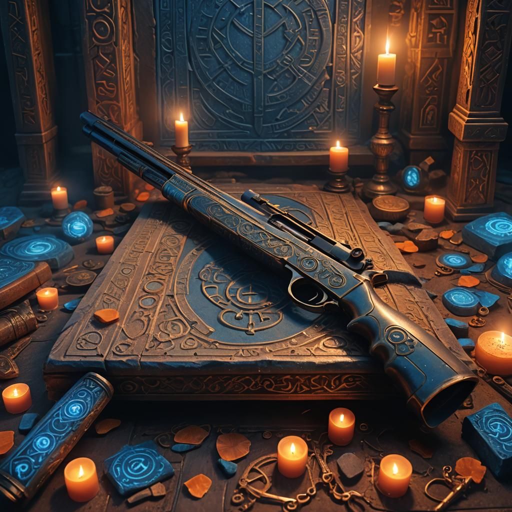 Ancient Shotgun Adorned with Glowing Runes on Mystical Altar