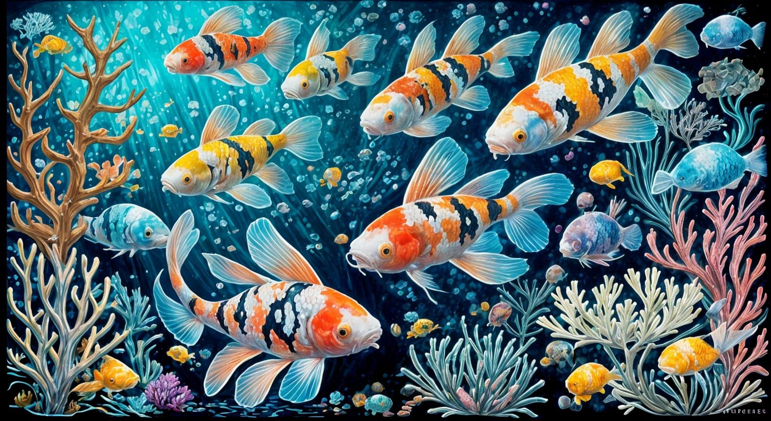 Iridescent Koi Fish in a Biopunk Underwater World