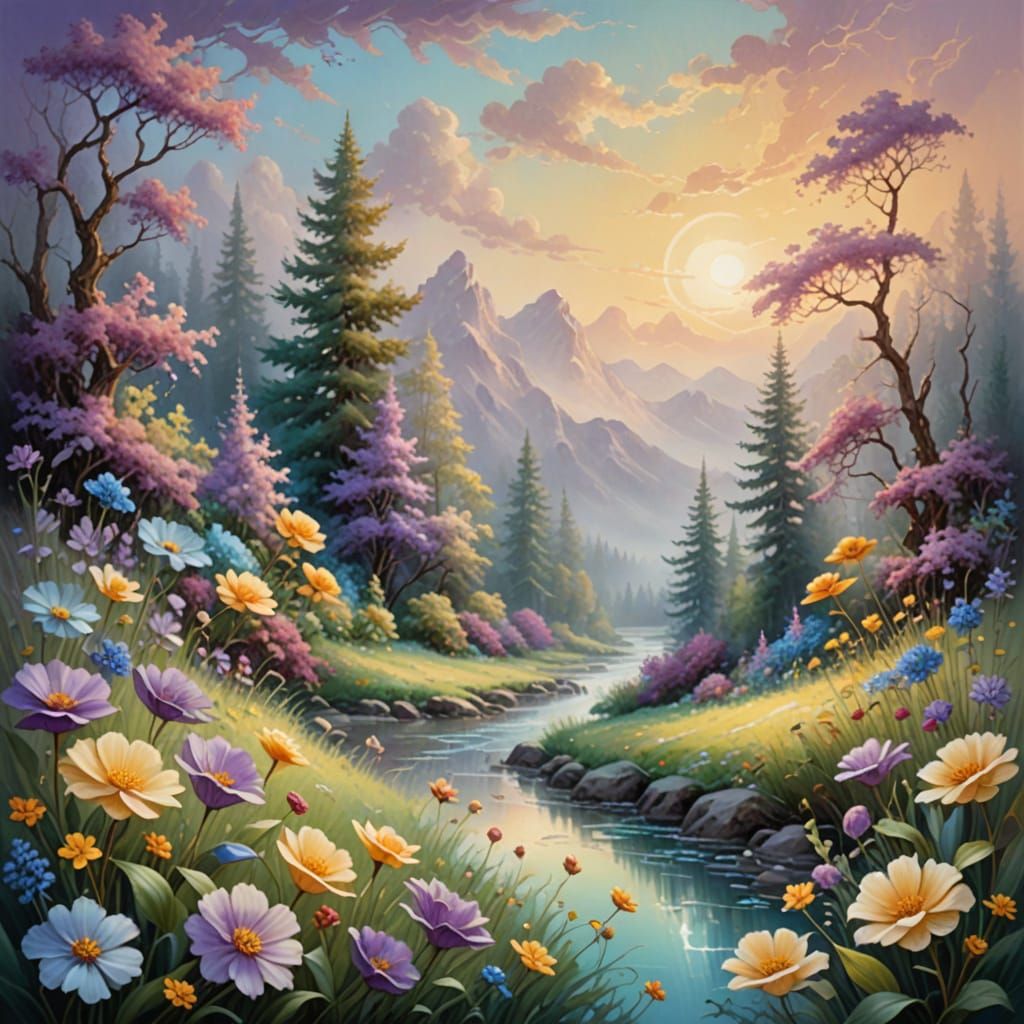 Dreamy Landscape with Whimsical Flowers and Glowing Mist in ...