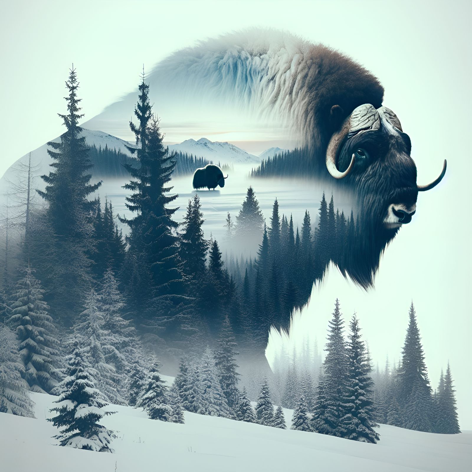 Musk Ox Double Exposure in Romantic Style