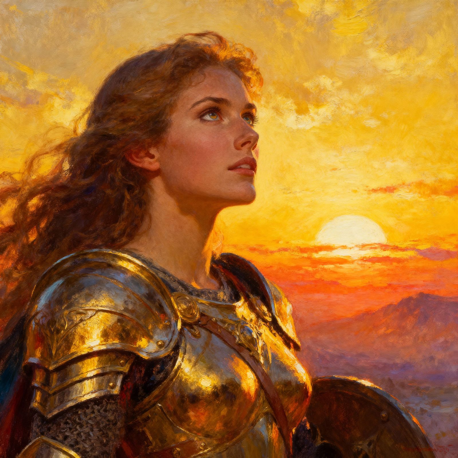 Optimistic Warrior Woman Greets Sunrise Horizon