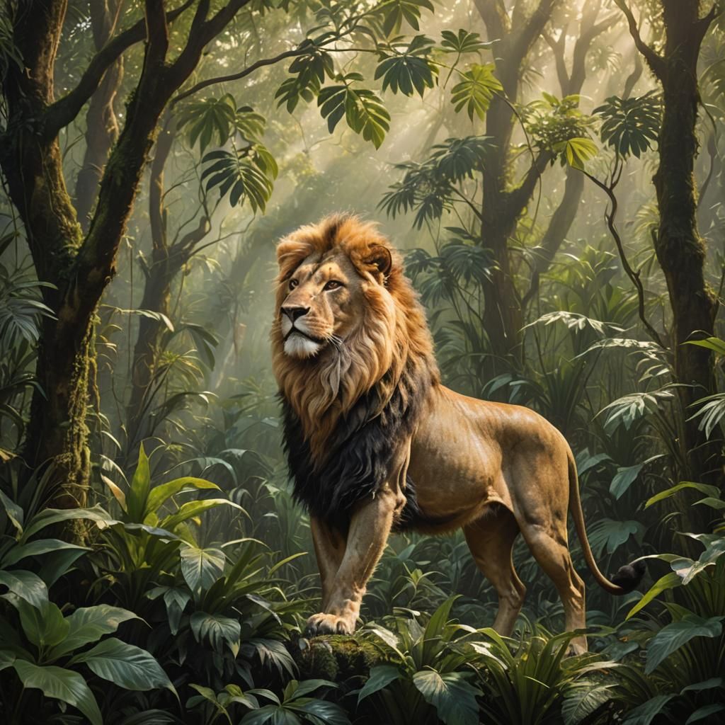 Lion Stalks Deer in Dense Jungle, Realism Style