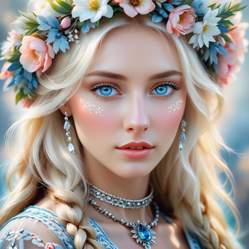 Slavic Beauty in Floral Wreath, as Oil Painting