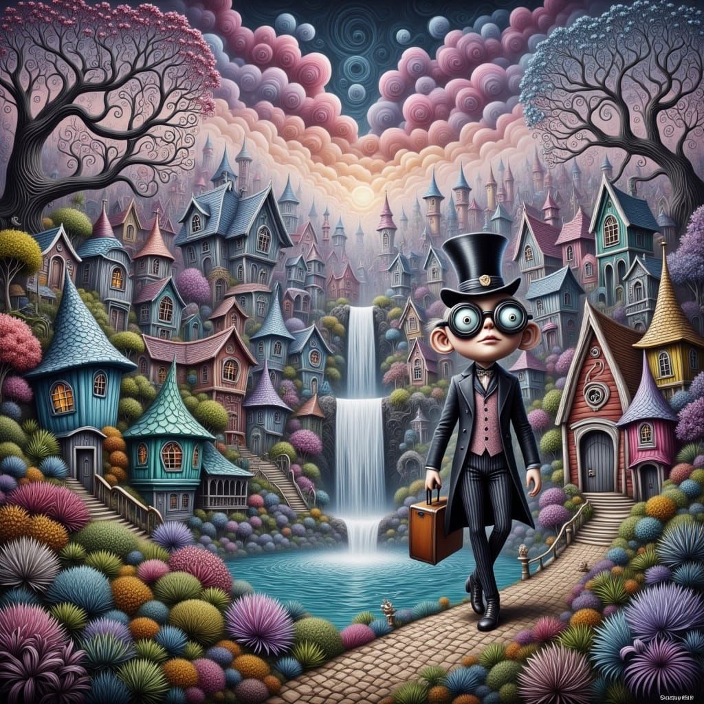 Surreal English Gentleman Strolls Through Whimsical Garden