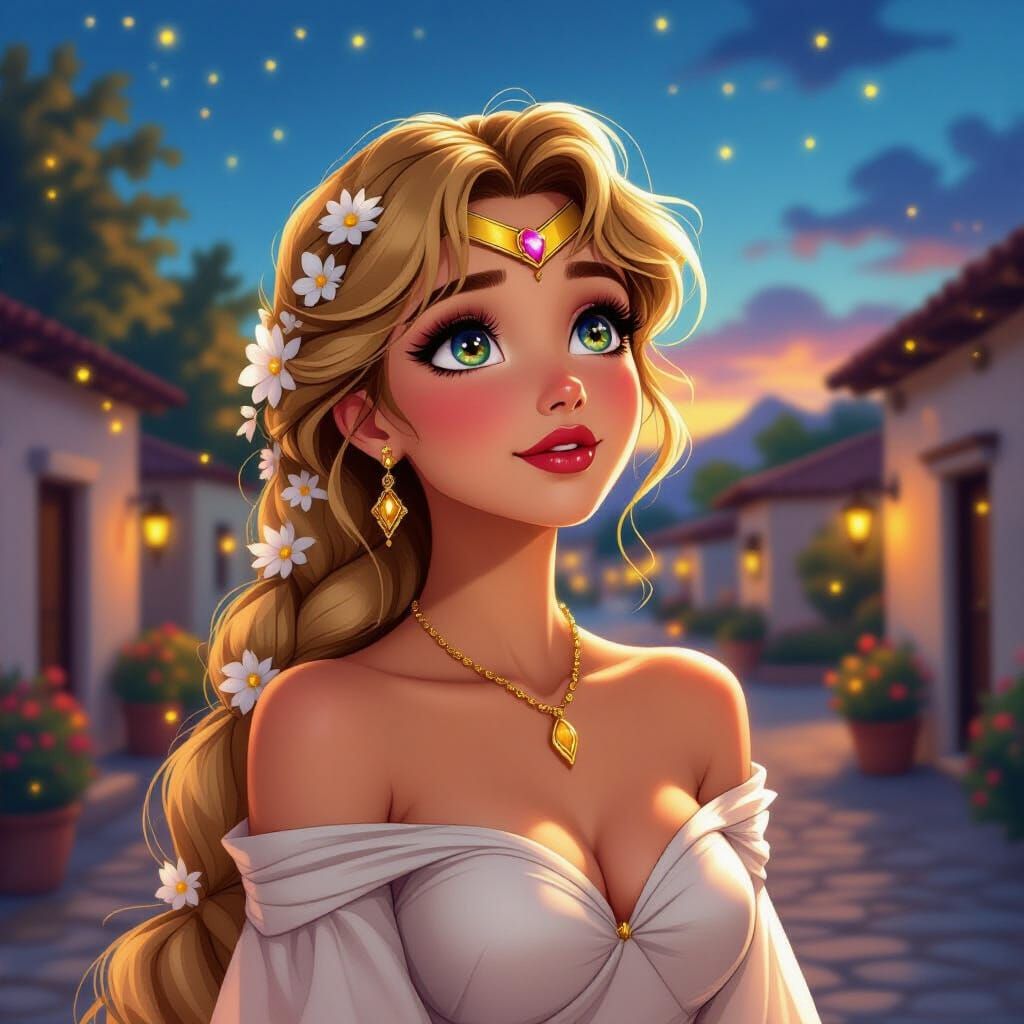 Dreamy Princess in Mexican Village at Dusk