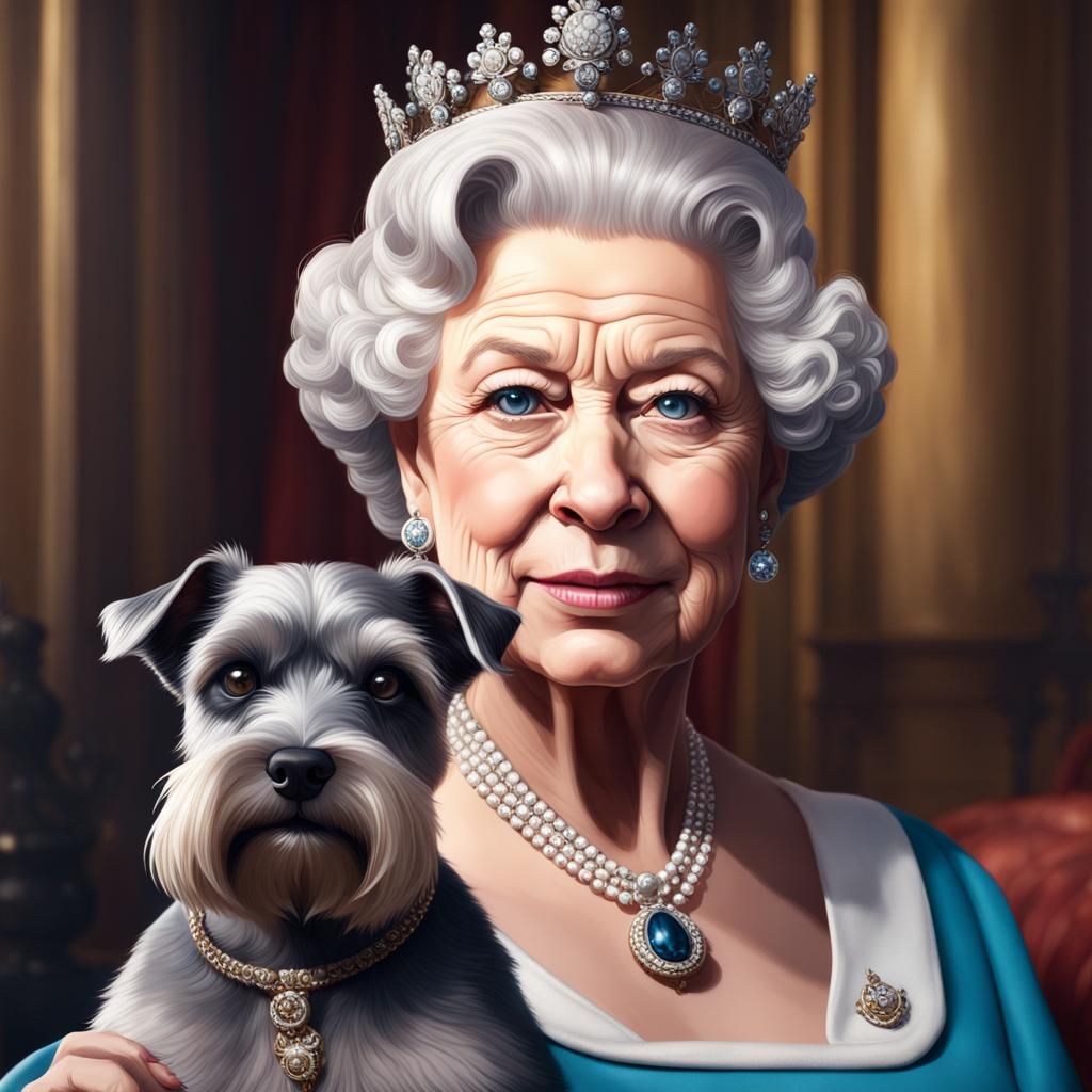 Queen Elizabeth II with Schnauzer in Hyperrealism