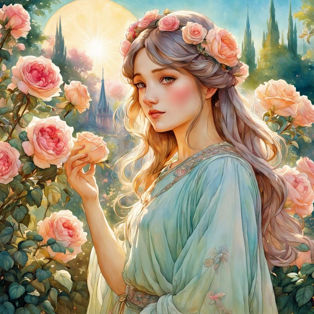 Young Girl Finding Inner Peace in a Rose Garden