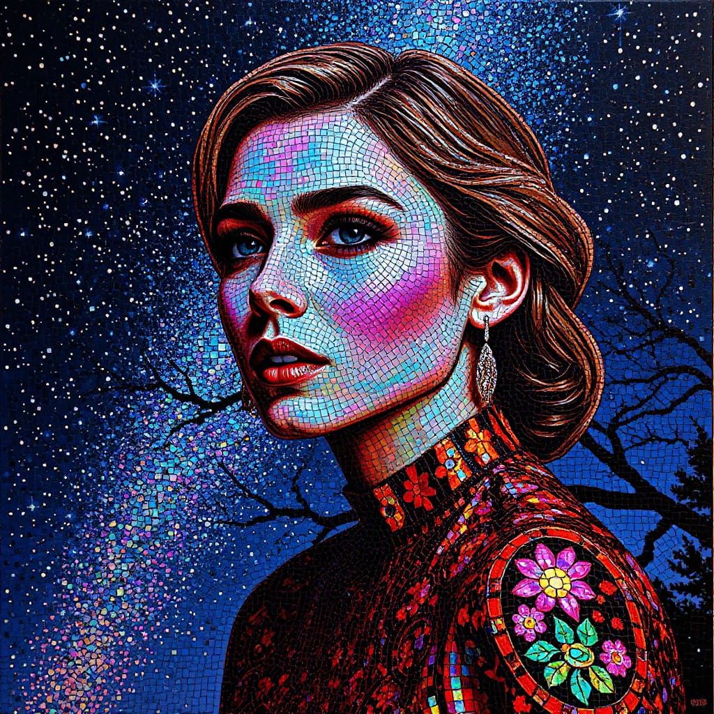 Iridescent Mosaic Woman Under Starry Night Sky
