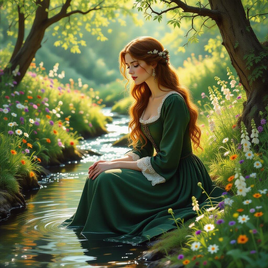 Medieval Woman by Forest Stream in Pre-Raphaelite Style