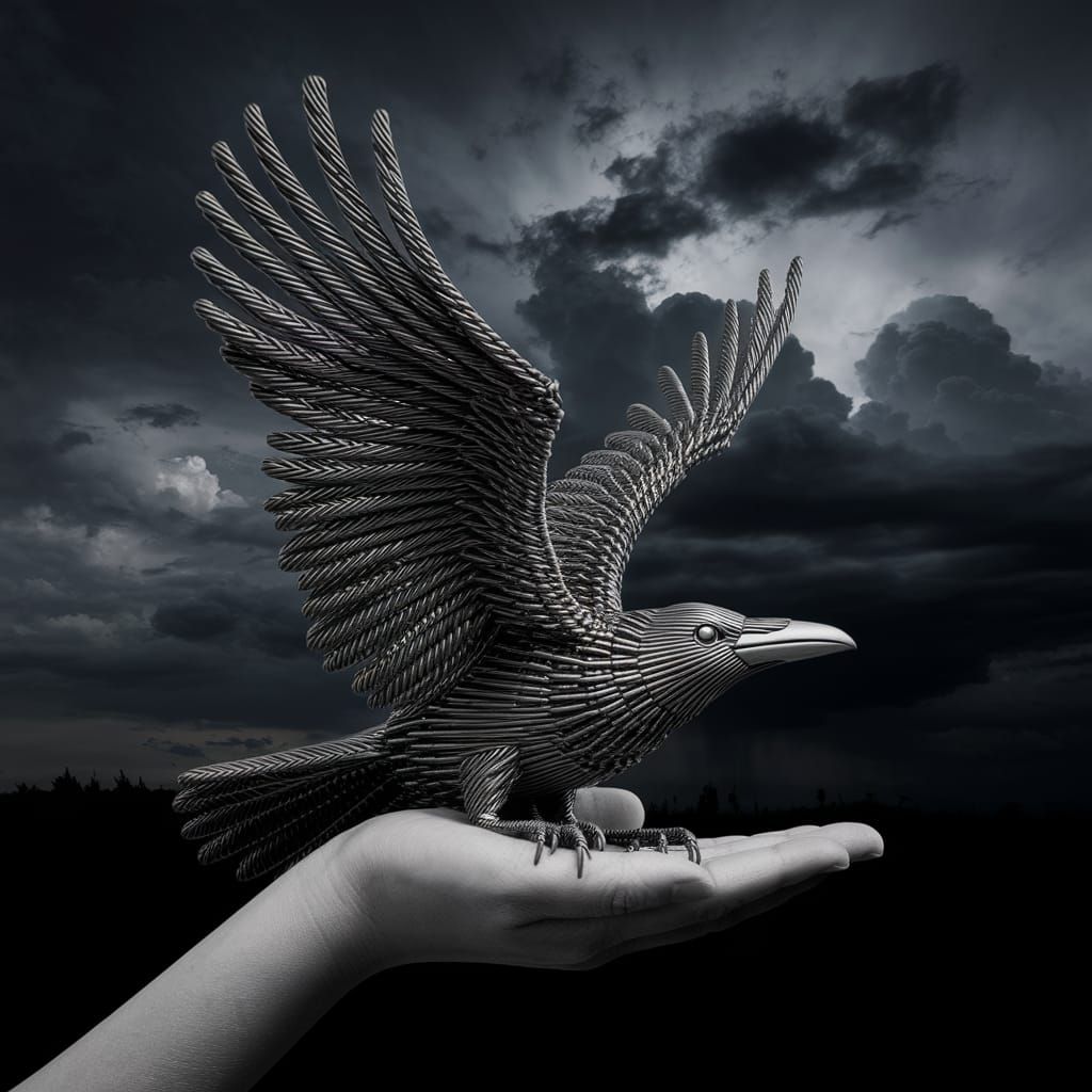Metal Wire Raven Sculpture in Stormy Sky