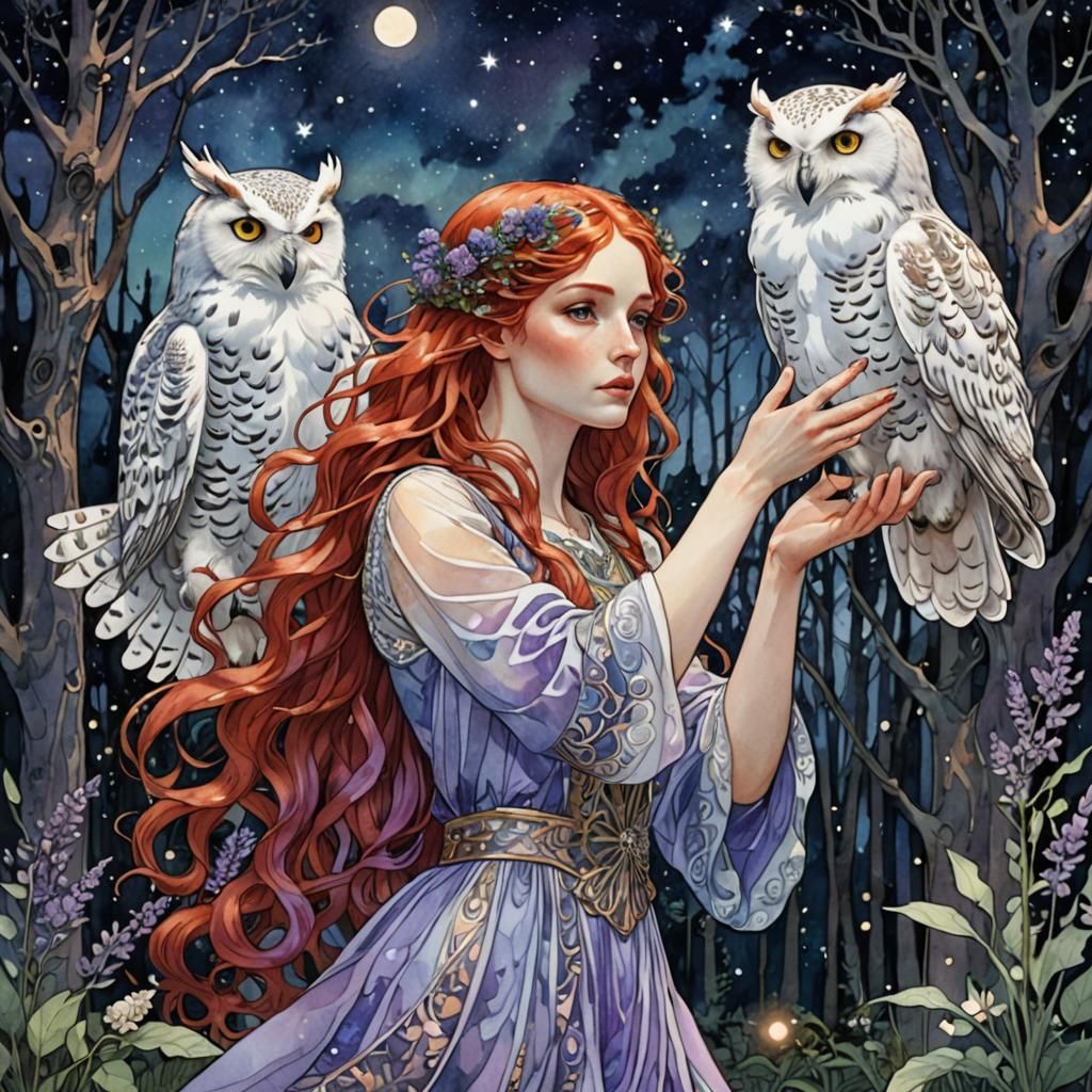 Girl Catches Snowy Owl in Starry Forest