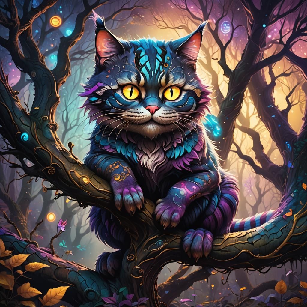 Whimsical Cheshire Cat in Dreamlike Forest: Digital Art