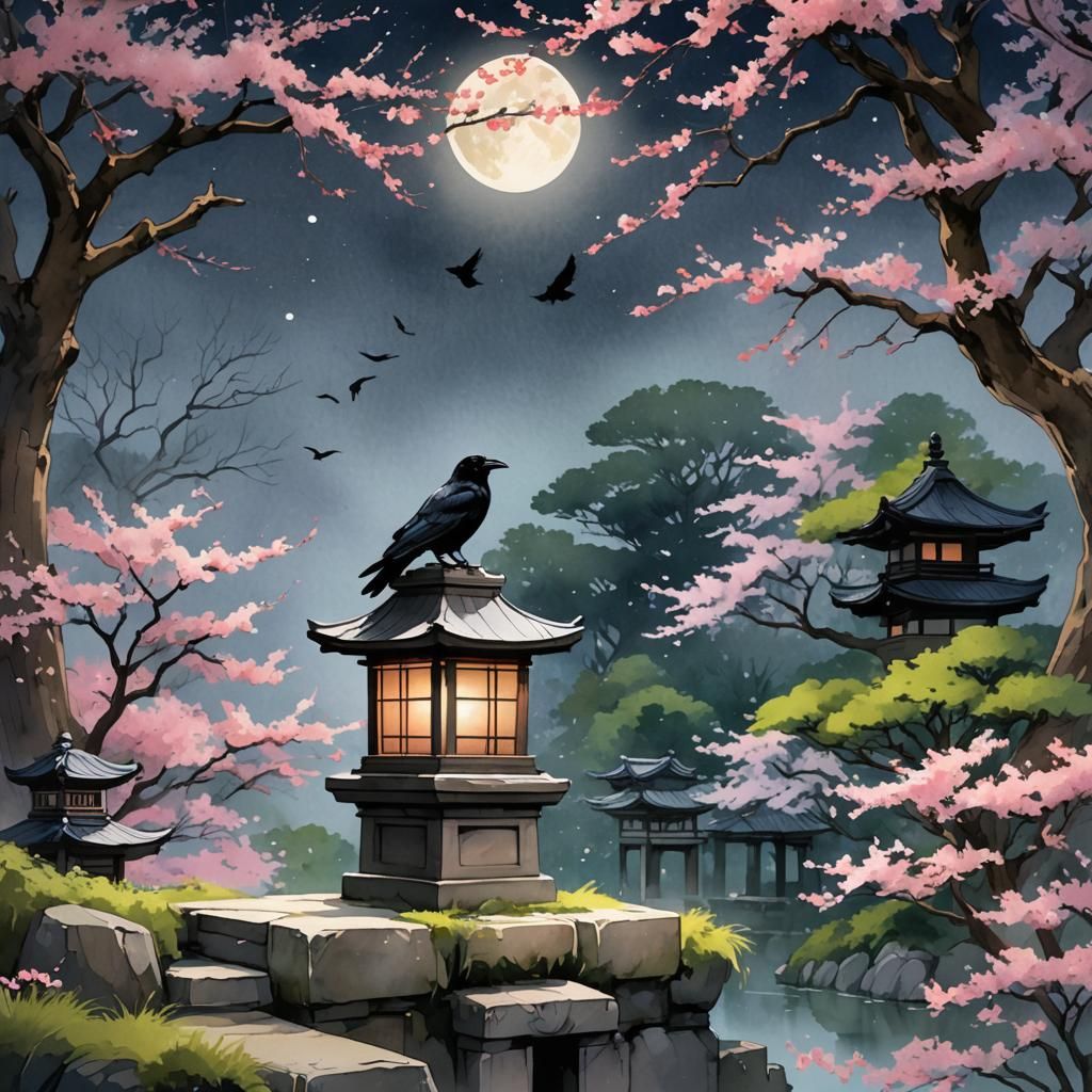 Moonlit Crow in Japanese Garden: Anime Watercolor