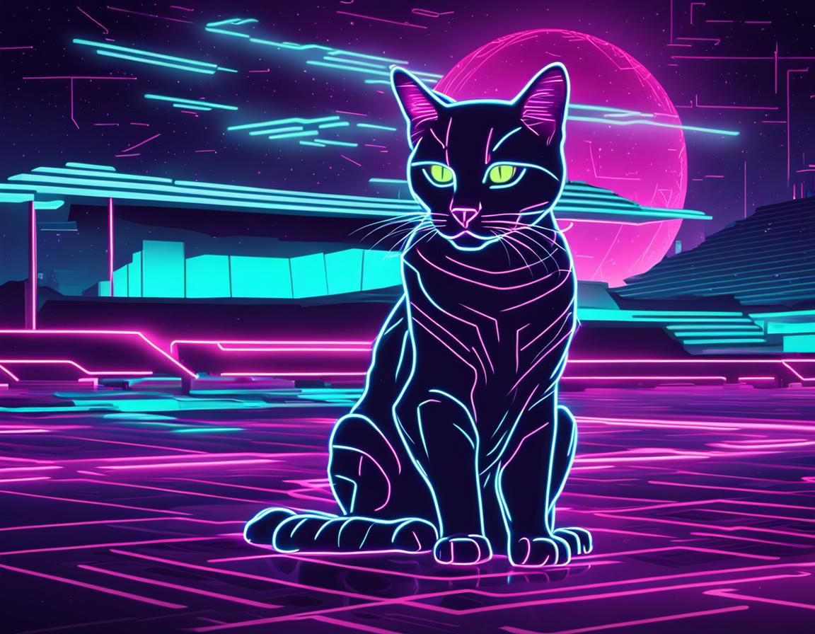 Tron Style Lightwave Cat in Synthwave Neon