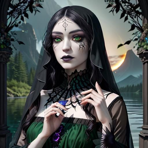 Gothic Enchantress in Emerald Woodland, Hyperrealistic Rende...