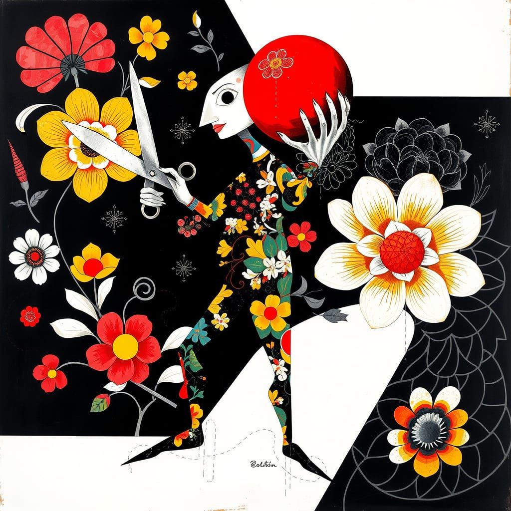 Abstract Figure with Red Ball & Scissors, Floral & Geometric...